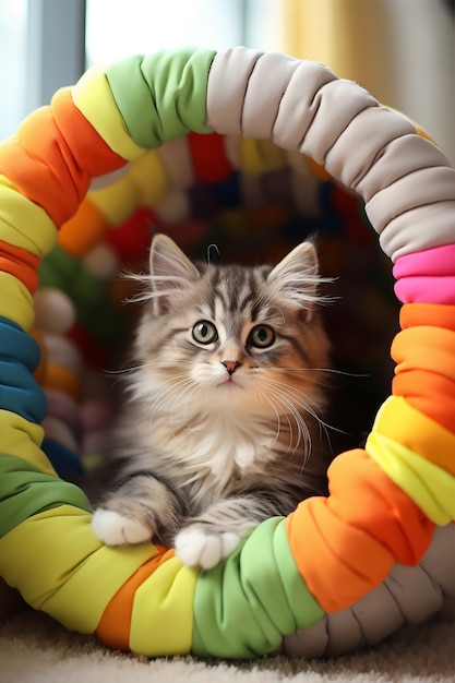 Бесплатное фото Крупным планом котенок в палатке