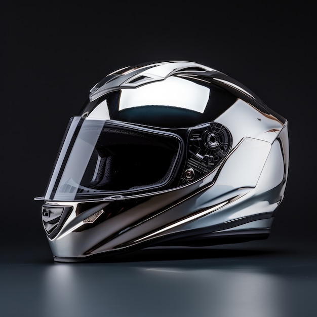 Близкий взгляд на металлический мотоциклетный шлем