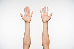 close up on pretty fair-skinned female raised hands