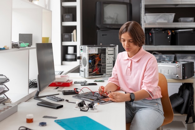 Бесплатное фото Крупный план женщины, ремонтирующей компьютерные чипы