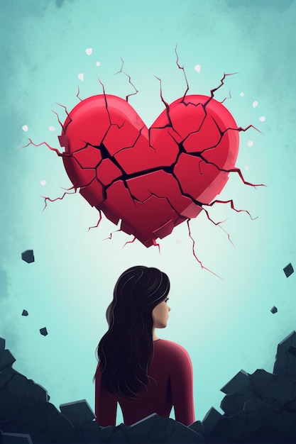 Бесплатное фото Крупным планом женщина с разбитым сердцем, нарисованная позади нее