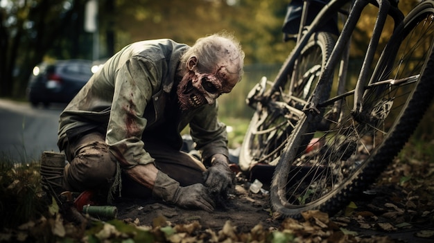 Бесплатное фото Крупным планом зомби ремонтируют велосипед