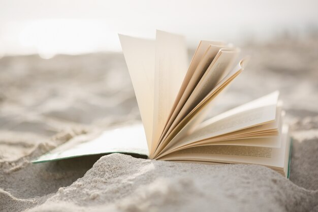 모래에 펼친 책의 클로즈업