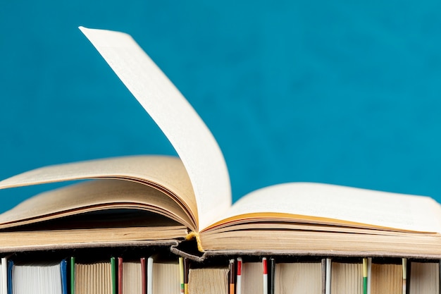 Close-up open book with blue background