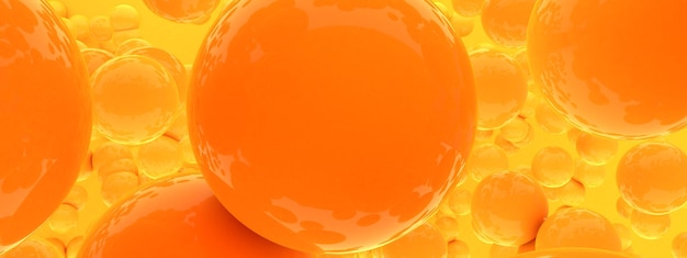 Close-up orange spheres of balls on yellow background. realistic 3d  render of shapes.