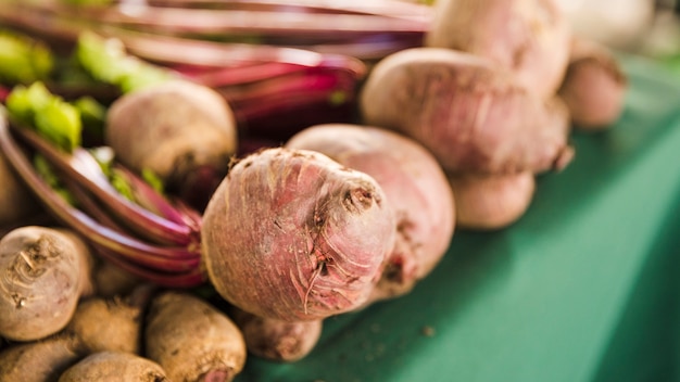 Close-up of organic fresh beetroot with leaves