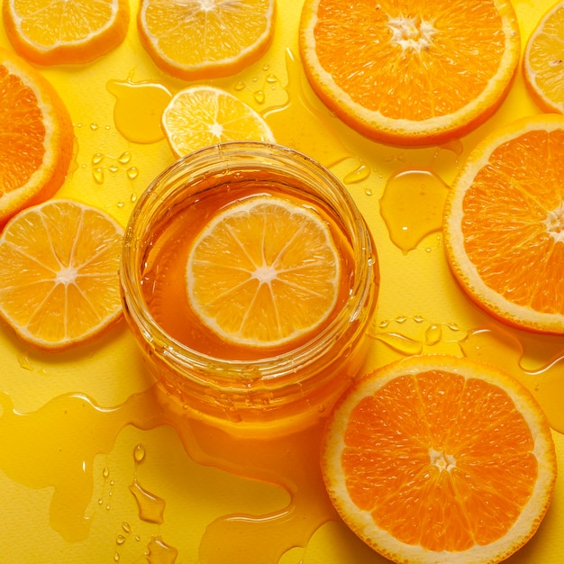 Close-up organic honey and orange slices