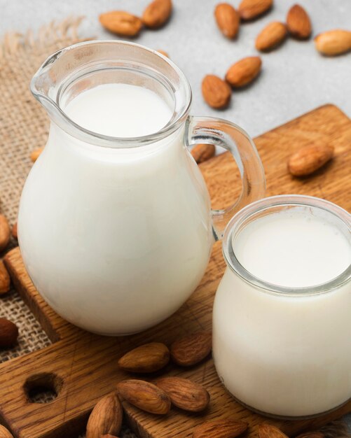 Close-up organic milk with almonds