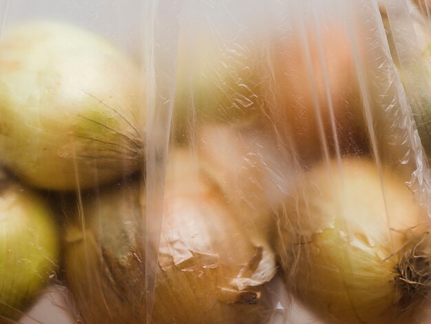 Close-up of organic onion in plastic bag