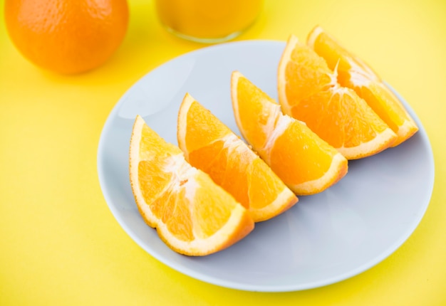 Close-up organic orange slices on a plate