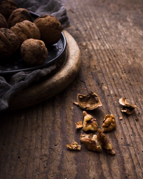 Close-up organic walnuts on the table