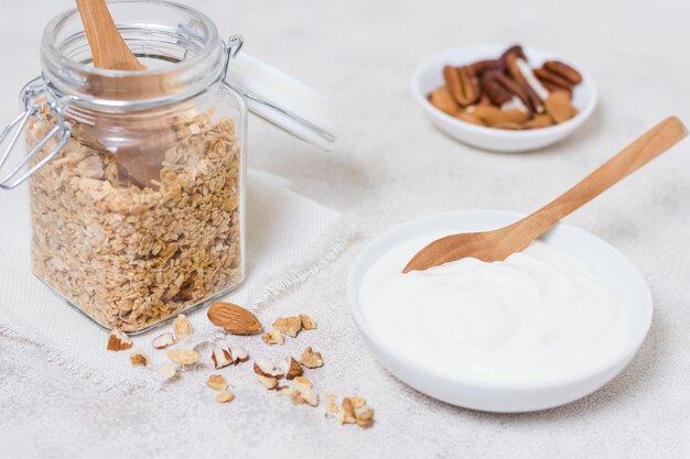 Close-up organic yogurt bowl with oats