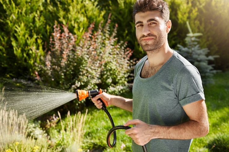 無料Photo リラックスした表情、植物に水をまく、葉を切ると青いtシャツで魅力的な若いひげを生やしたヒスパニック男の屋外のポートレートを閉じます。