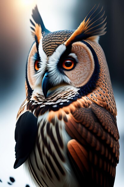 A close up of a owl with a red eye