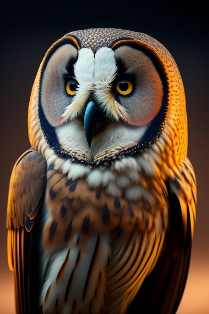 A close up of an owl with yellow eyes