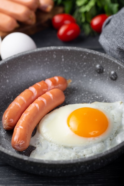 Close-up of pan with egg and sausages for breakfast