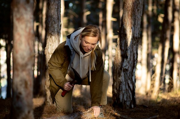 Close up on park ranger in woods