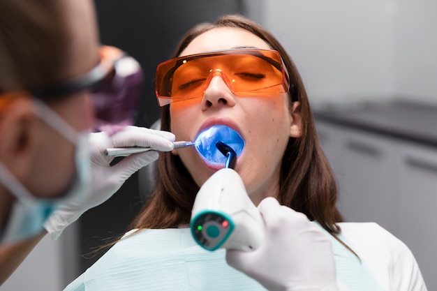 Close up patient wearing goggles at clinic