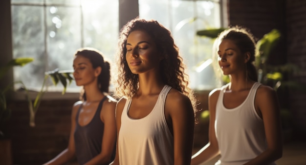 Foto gratuita chiudere le persone che fanno yoga in ambienti chiusi