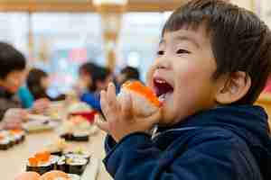 Free photo close up on people eating sushi