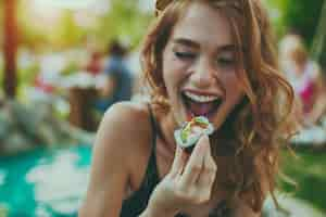 Free photo close up on people eating sushi