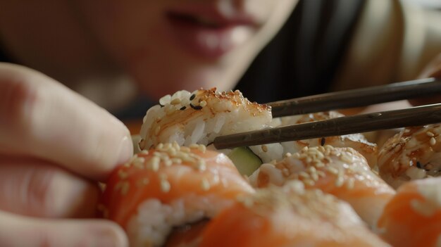 Free photo close up on people eating sushi