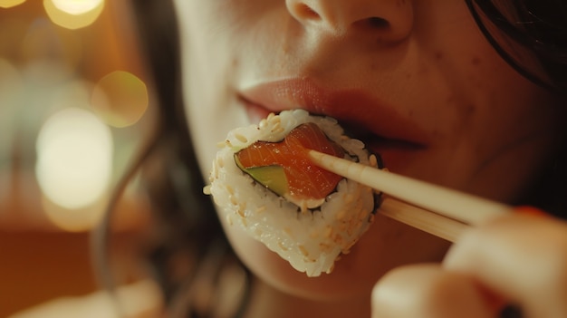 Free photo close up on people eating sushi