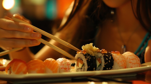 Close up on people eating sushi