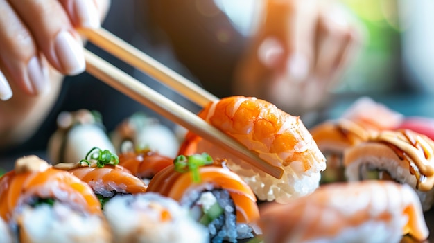 Free photo close up on people eating sushi