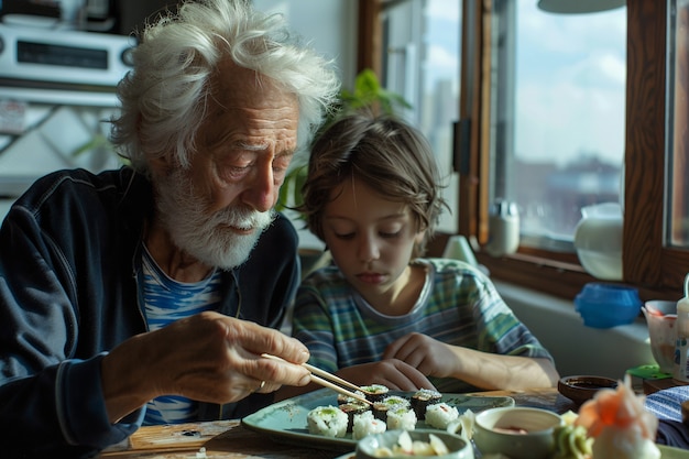 Free photo close up on people eating sushi