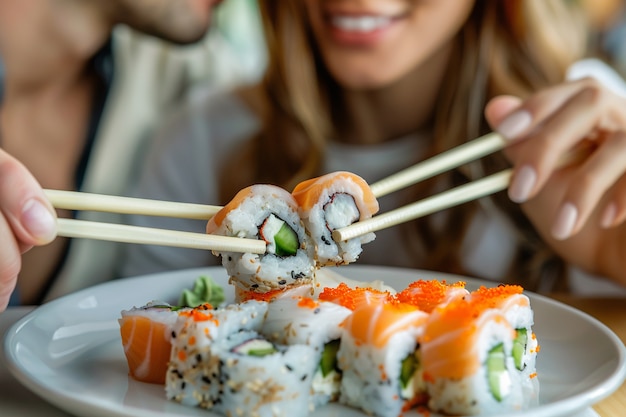 Free photo close up on people eating sushi