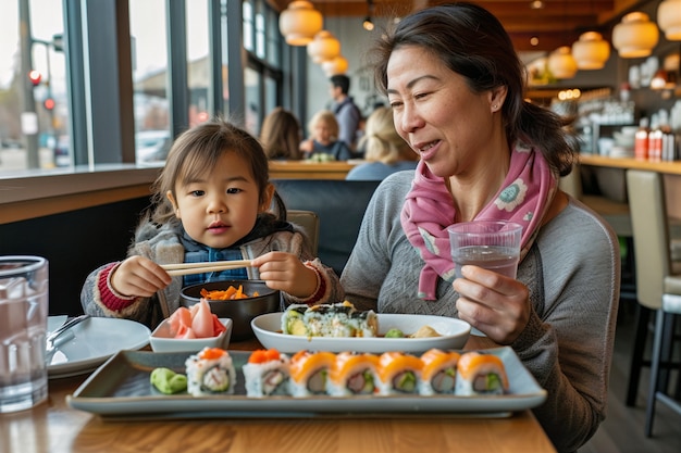 Free photo close up on people eating sushi