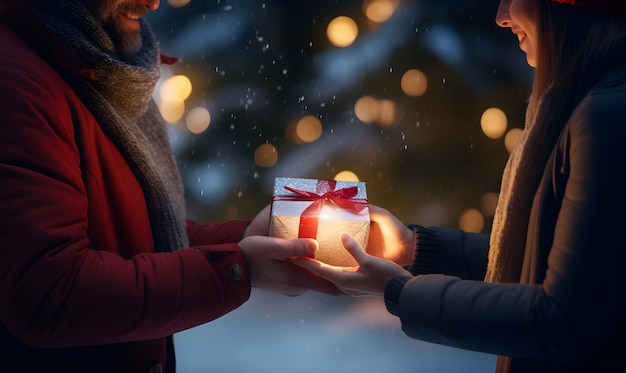 Close up on people exchanging christmas present