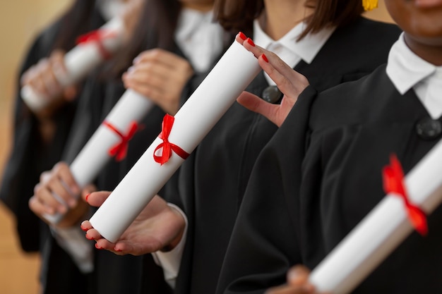 Close up  people graduating with diplomas