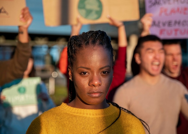 Close up people protesting together