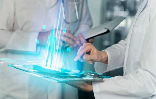 Close up people wearing lab coats