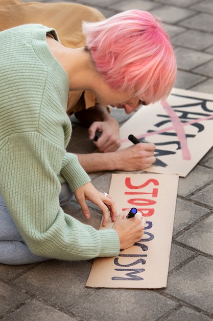 Close up people writing messages