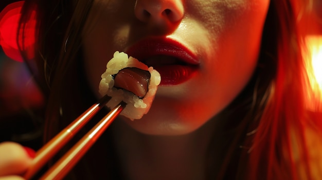 Free photo close up on person eating sushi