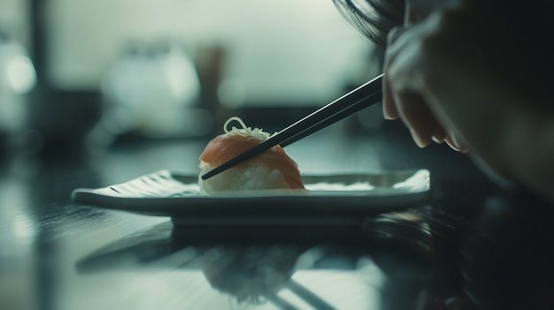 Free photo close up on person eating sushi