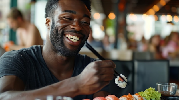 Free photo close up on person eating sushi