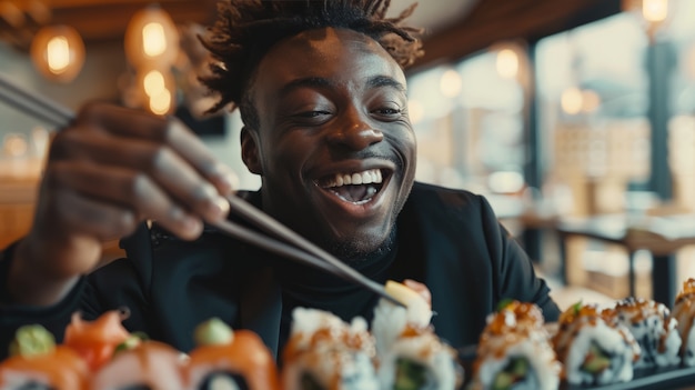 Close up on person eating sushi