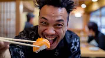 Foto gratuita prossimo piano su una persona che mangia sushi