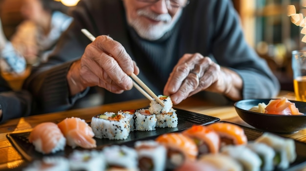Prossimo piano su una persona che mangia sushi