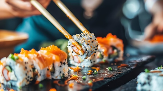 Free photo close up on person eating sushi