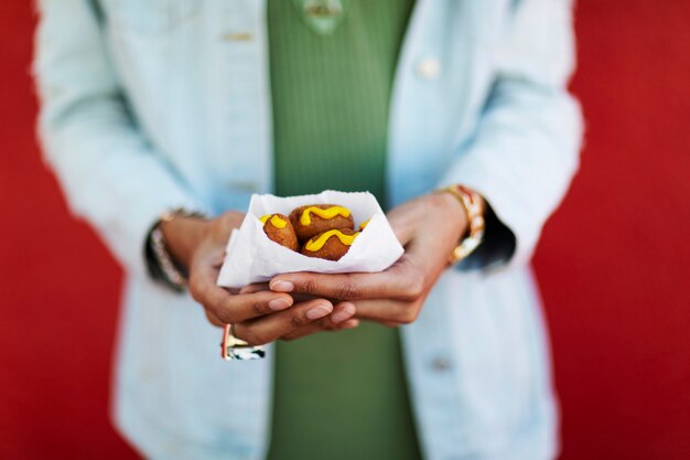 Close up on person enjoying food