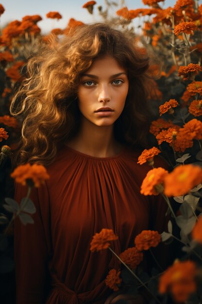 Close up on person in flower field