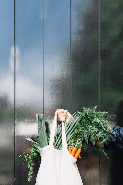 黒い木の壁に葉の野菜の袋を持っている人のクローズアップ