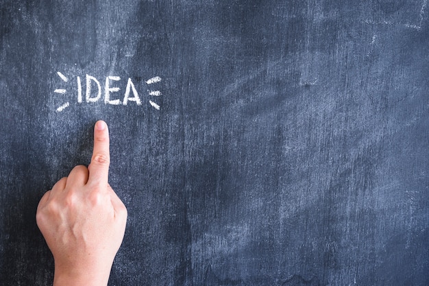 Close-up of person pointing finger on idea text written with chalk over blackboard