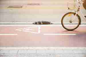 Foto gratuita primo piano di una persona che guida la bicicletta sulla strada con il segno del triangolo di avvertimento