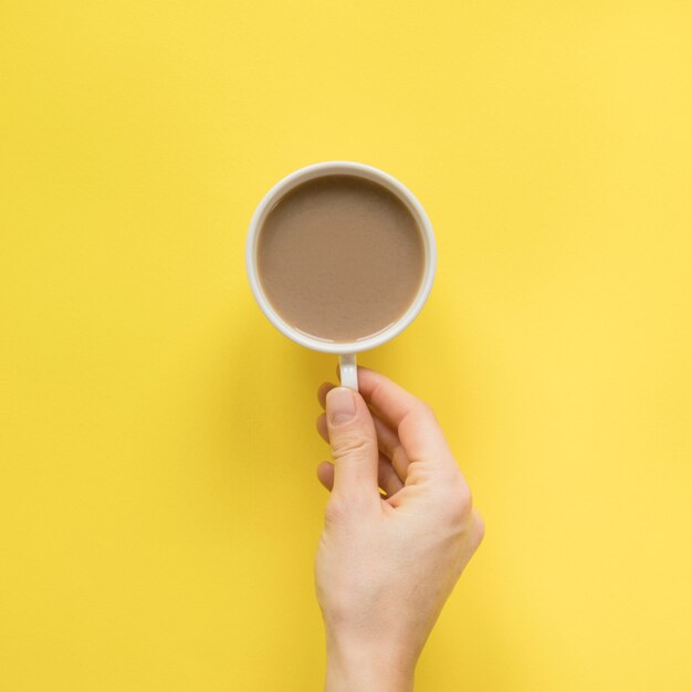 Close-up of a person's hand holding cup of coffee over yellow background